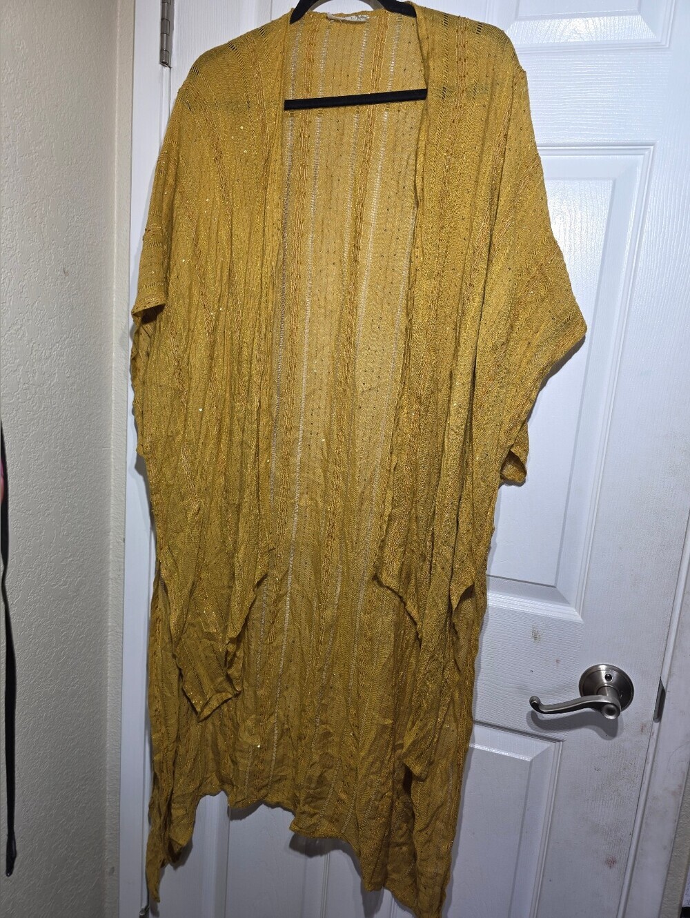 Free People Gold Mustard Open Front Sequin Knit Kimono Cardigan One Size Boho
